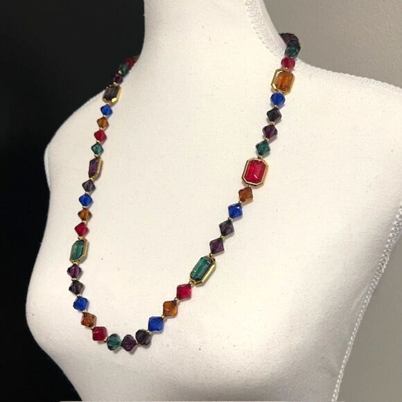 Multicolored Green Red Blue Faceted Gemstone Gold Tone Spacer Long Necklace - Picture 4 of 7